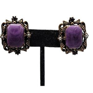 Selro Unsigned Clip On Earrings PurpleThermoset Faux Pearl Rhinestone Accents
